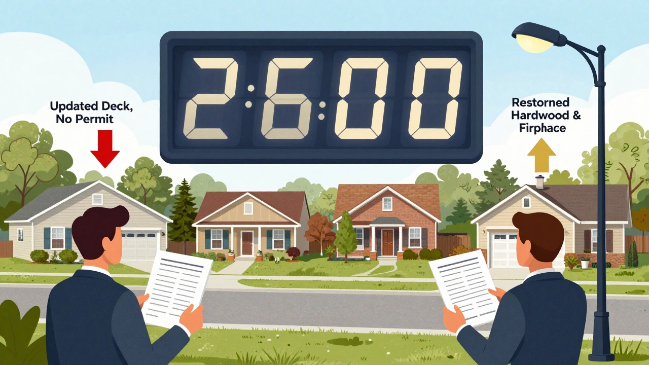 A digital Zestimate number looms over homes while real estate agents compare printed market data, highlighting human judgment vs. algorithms.