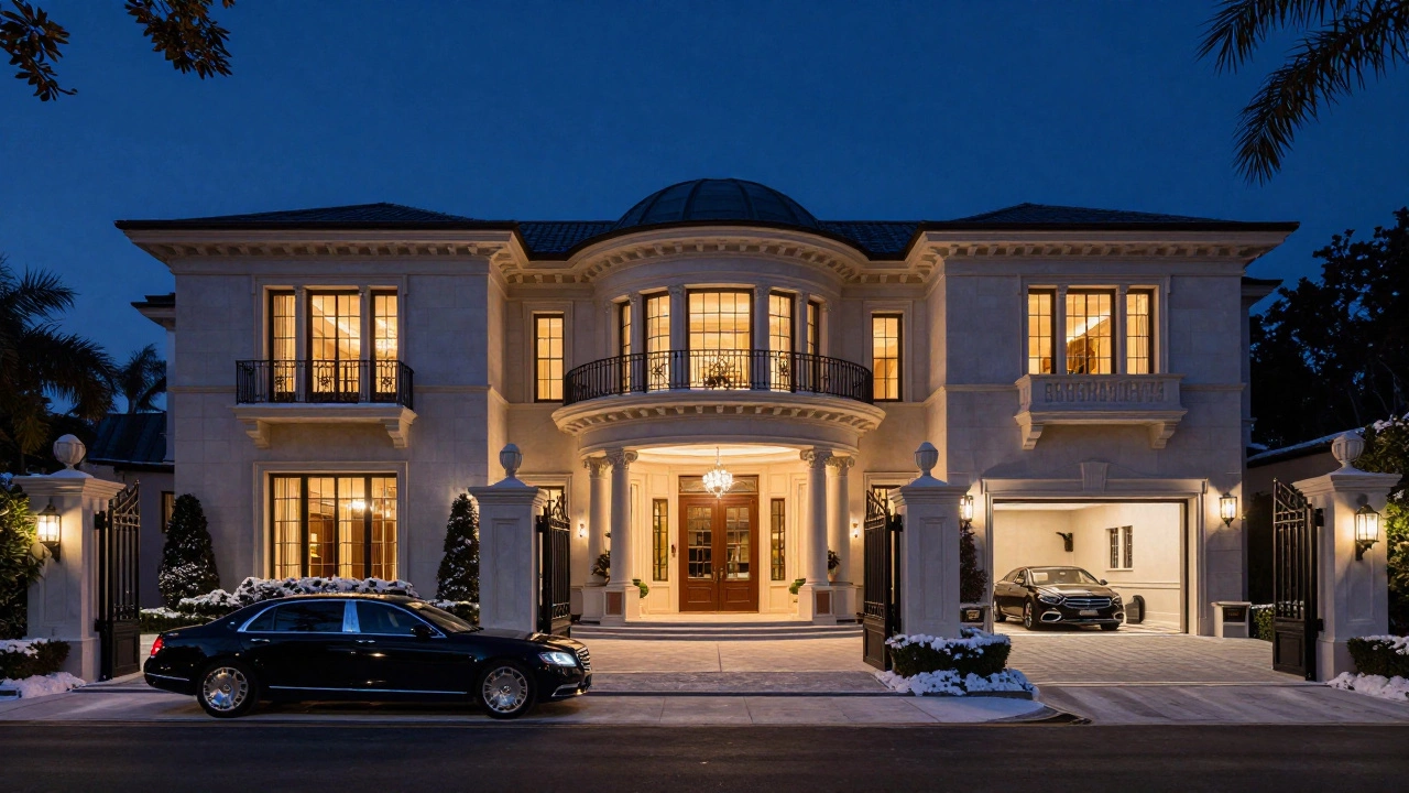 A grand Beverly Hills mansion at night with elegant lighting, staff entrance, and multi-car garage.