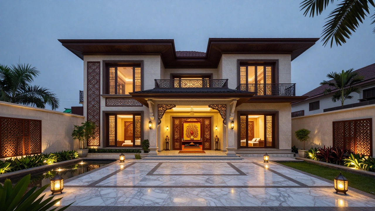 A luxurious Indian villa with a temple, rooftop garden, and traditional jali screens under dusk lighting.