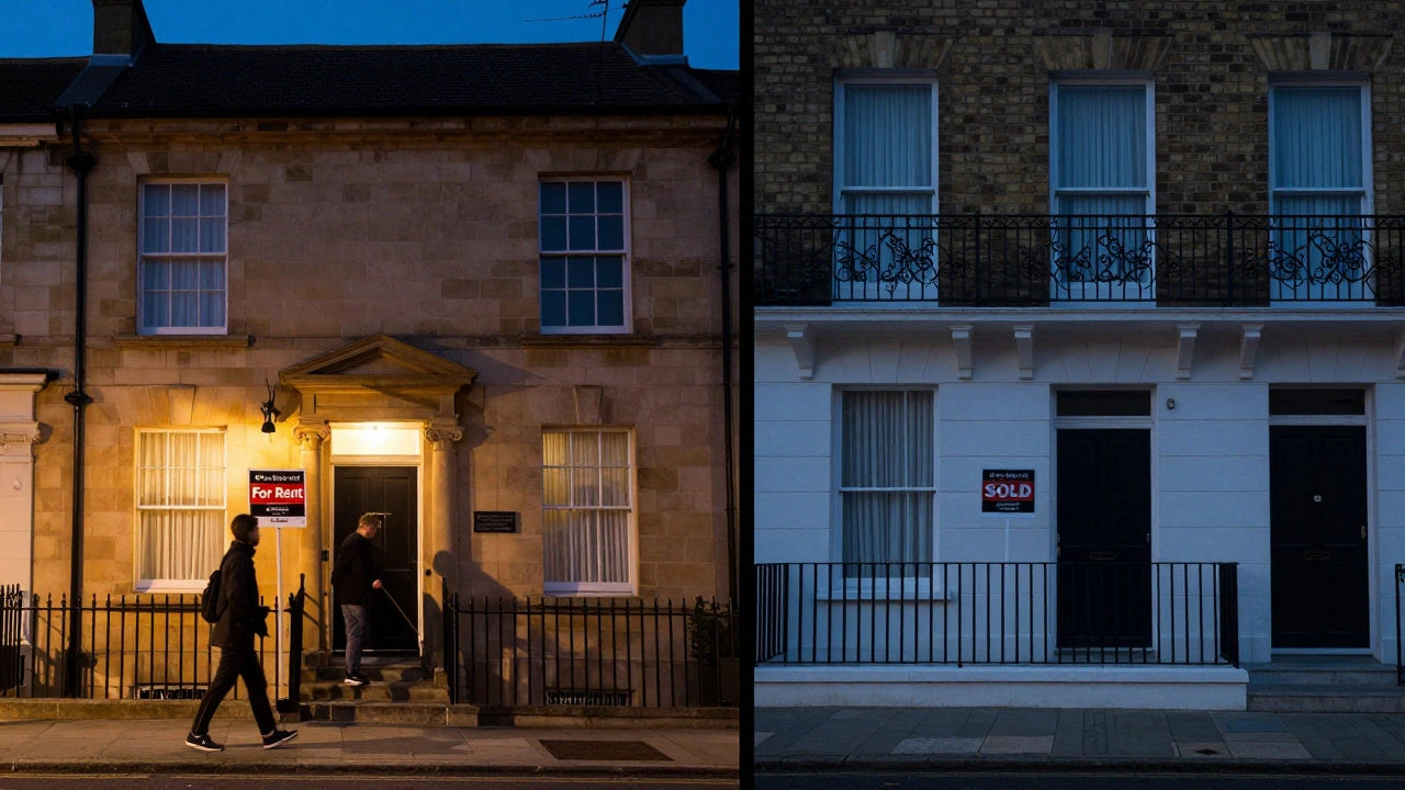 A modest UK terraced house with happy tenants moving in compared to an empty luxury flat in a wealthy neighborhood.