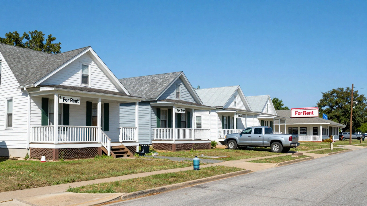 A quiet small-town street in Arkansas with several rental homes featuring porches and 'For Rent' signs, under a clear blue sky.