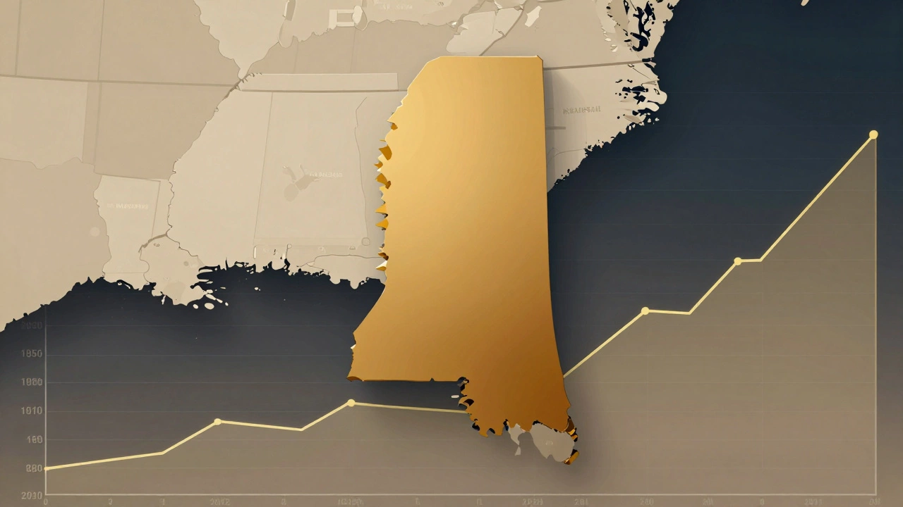 A stylized map of the southern U.S. highlighting Mississippi as the cheapest rental state, with rent trends showing minimal increase compared to other states.