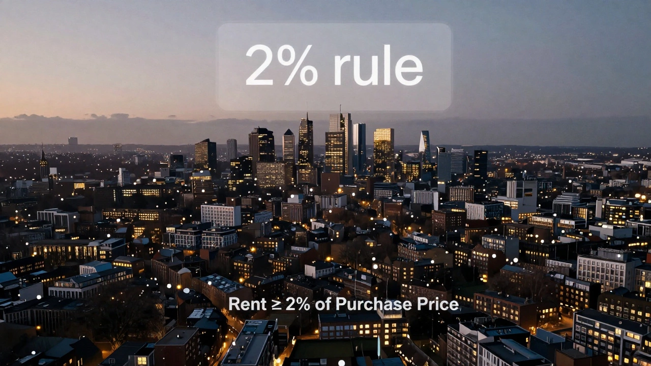 Aerial view of UK cities with glowing dots marking properties meeting the 2% rental rule, contrasting with dark high-price areas.