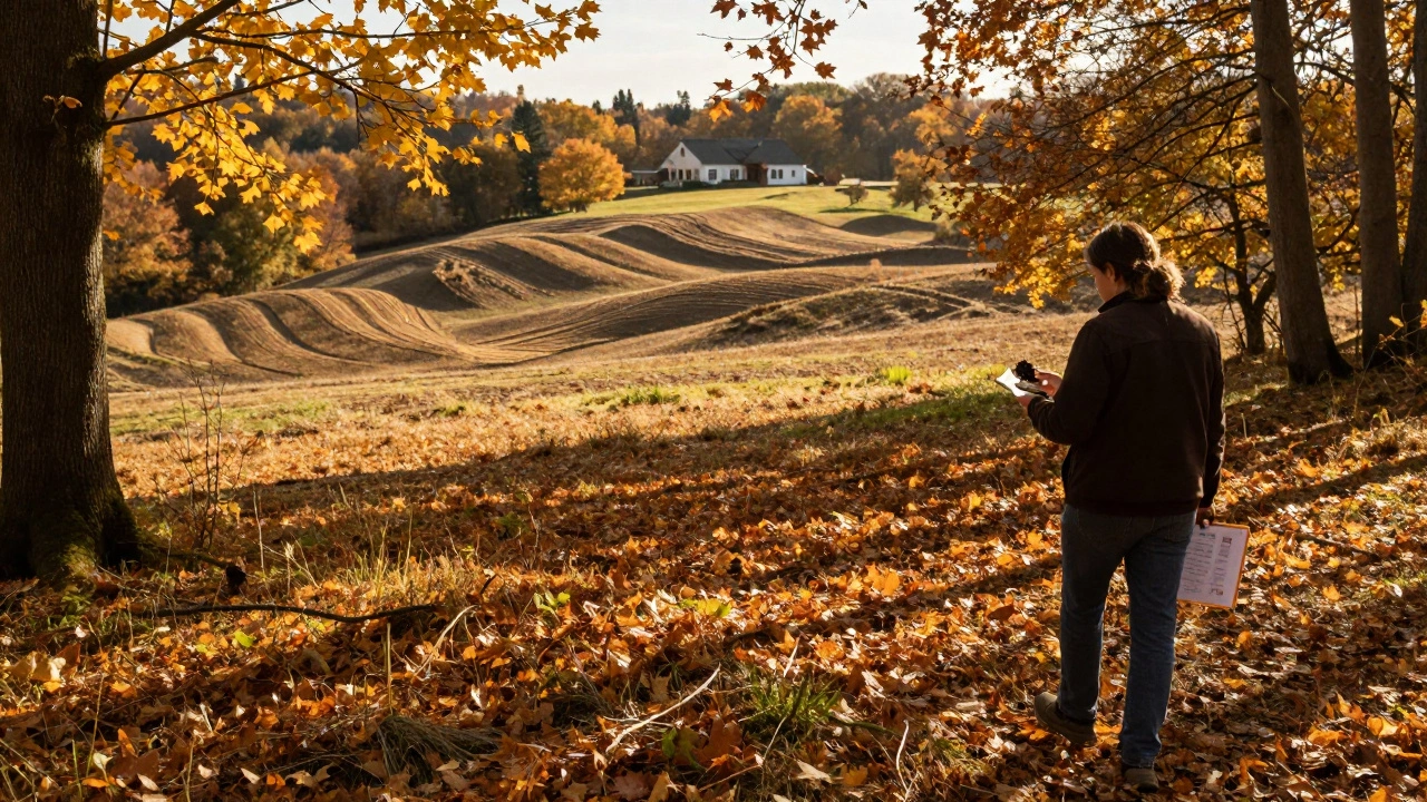 Buyer examining soil and terrain in autumn, with fallen leaves revealing land features clearly.