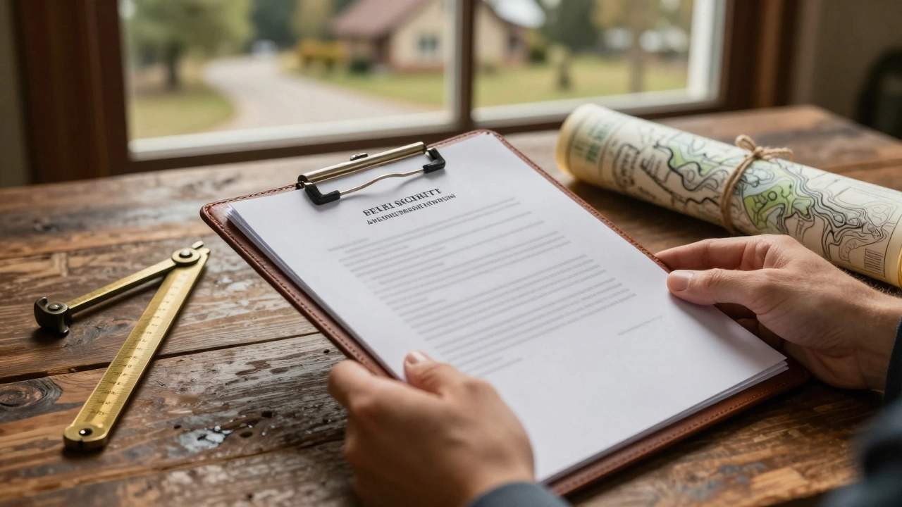 Close-up of hands holding a deed near survey flags in a field