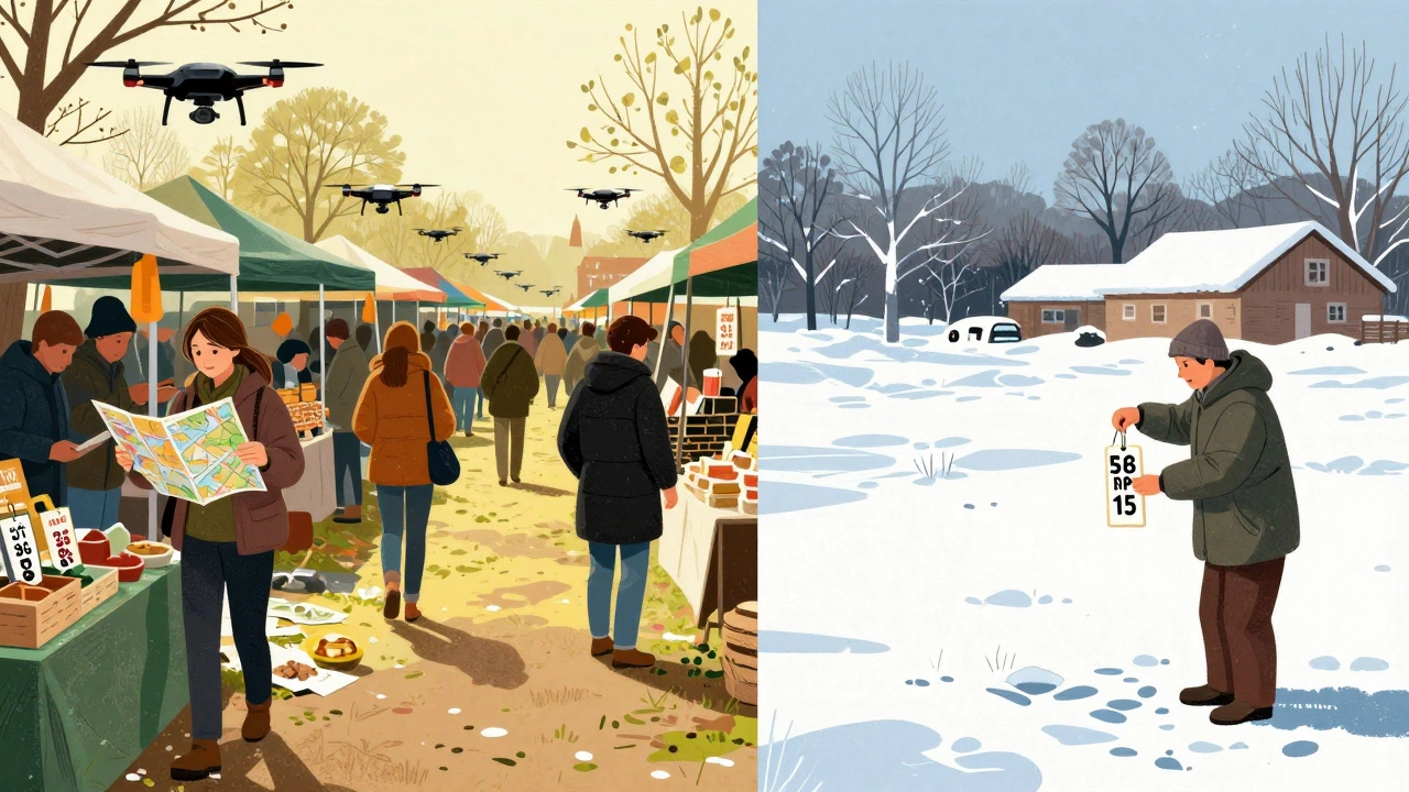 Contrasting spring buyers and winter seller, illustrating seasonal price differences in land markets.