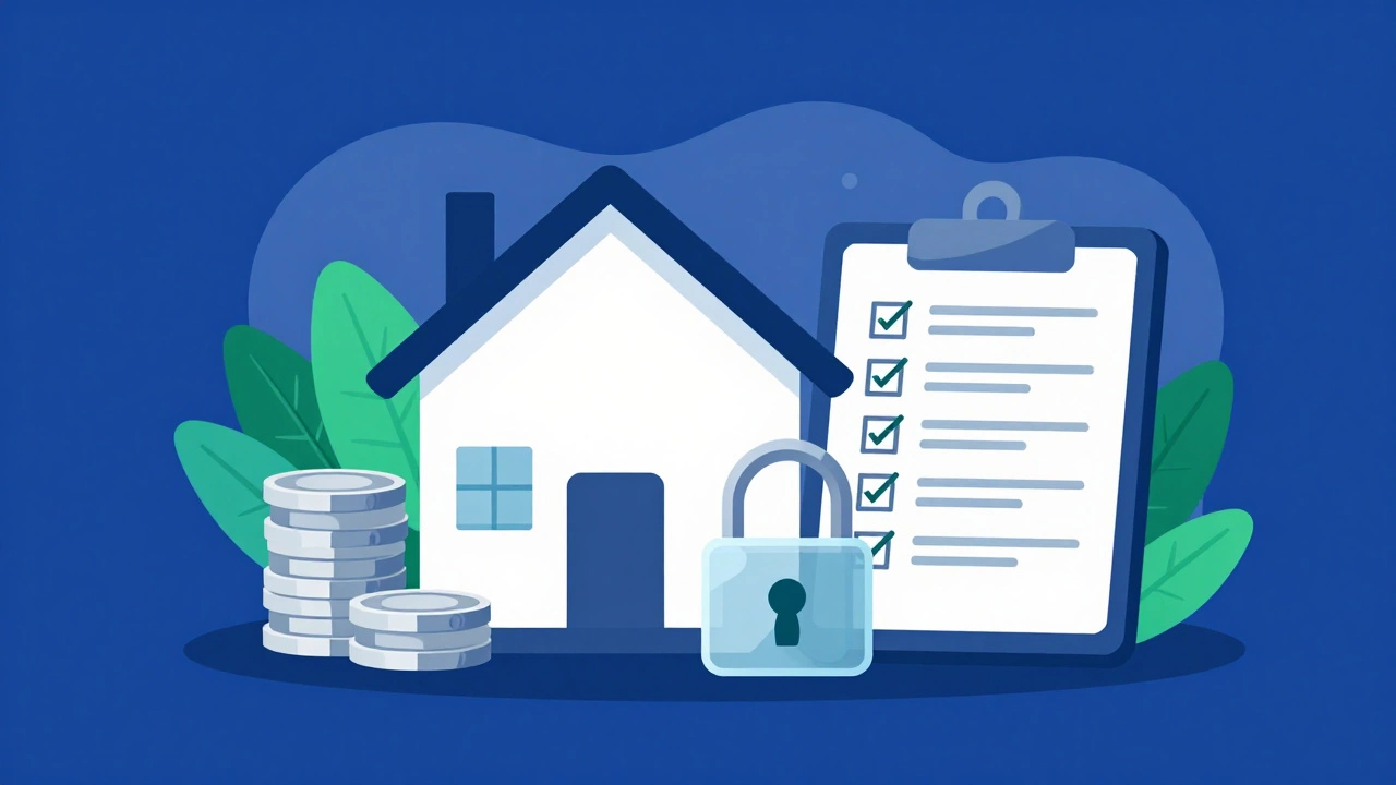 Flat lay illustration of rental finance, coins, and safety checklists.