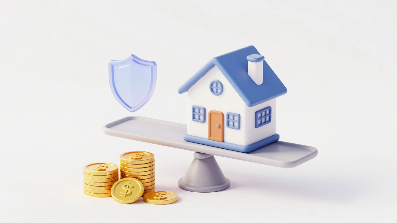 Isometric illustration of a house and coins on a balance scale.