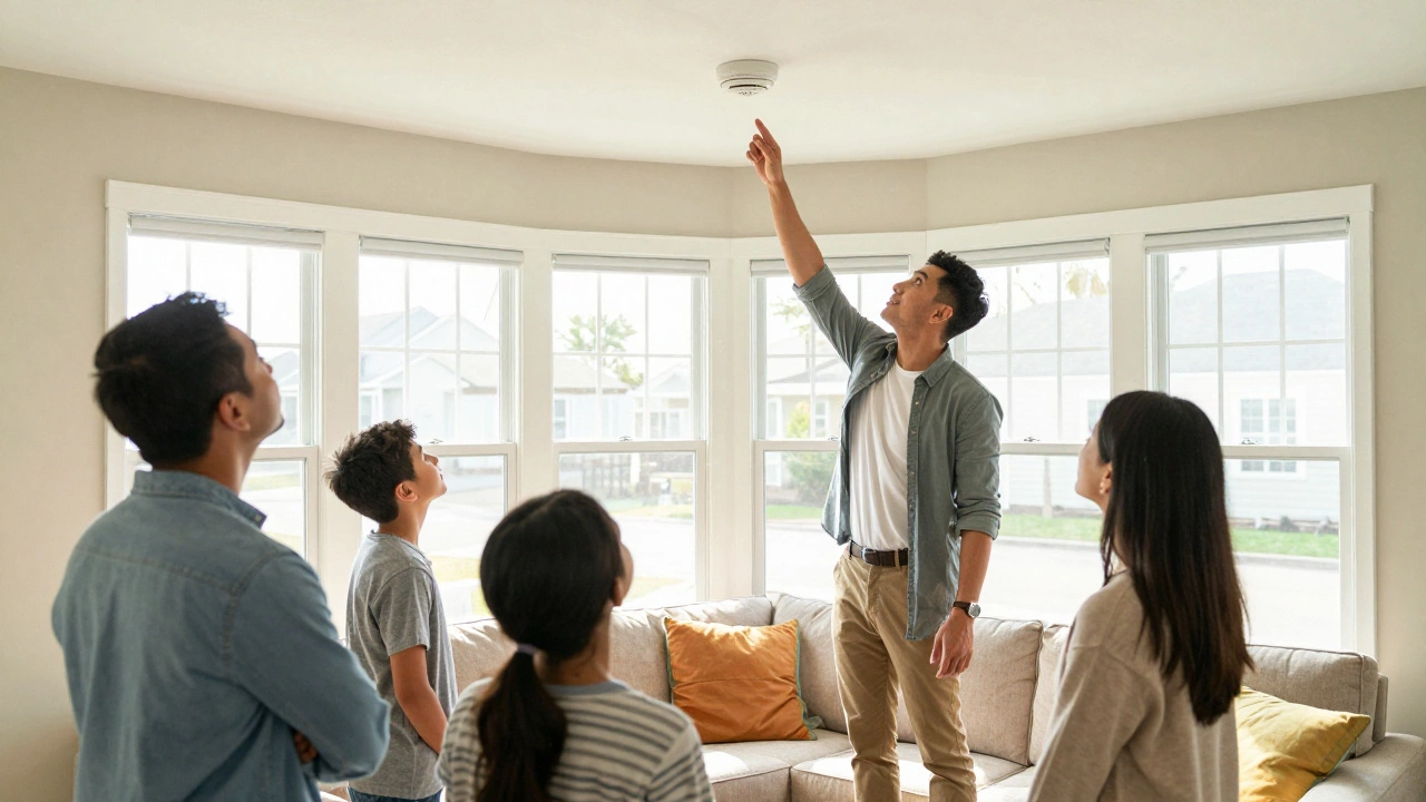 Landlord checking smoke detector while family waits in bright living room.