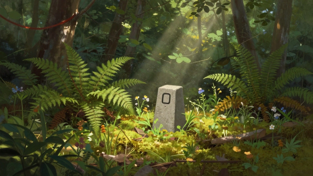 Stone boundary marker surrounded by dense green forest foliage