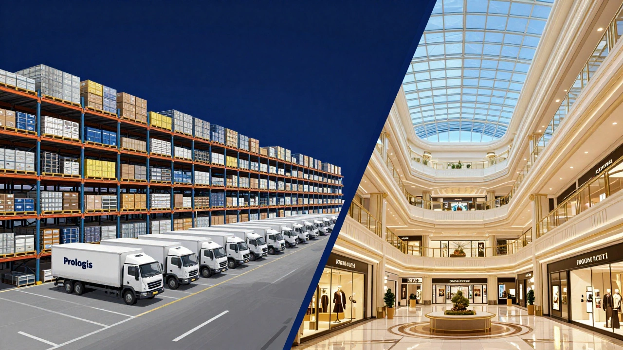 A split view of a massive industrial warehouse and a luxury shopping mall.