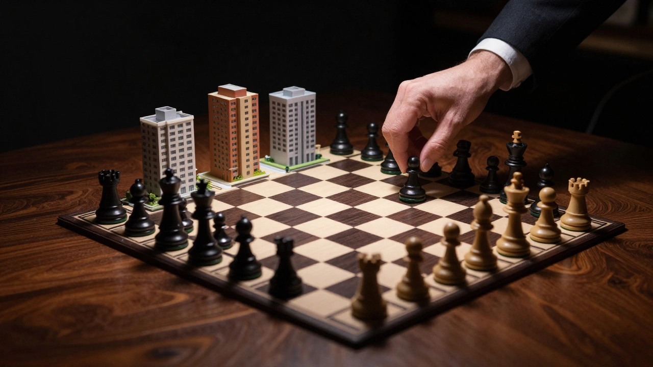Architectural miniatures of buildings on a boardroom table representing strategic investment.