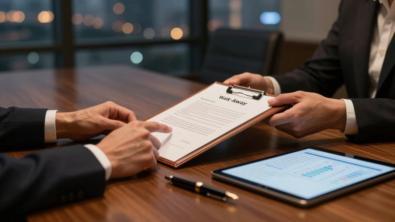 Close-up of a commercial property sale agreement being signed on a mahogany boardroom table.