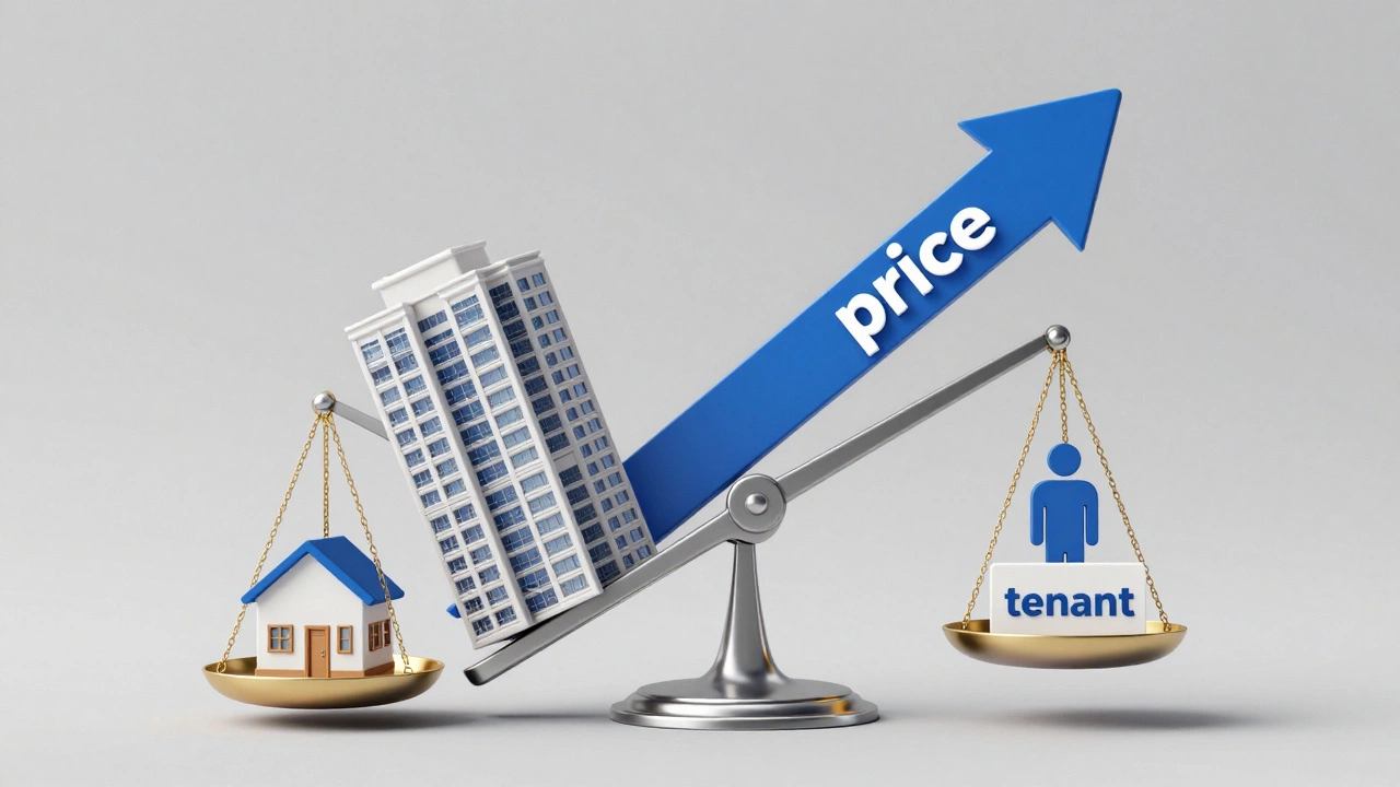 Conceptual 3D illustration of a tilted scale representing market-driven rent prices