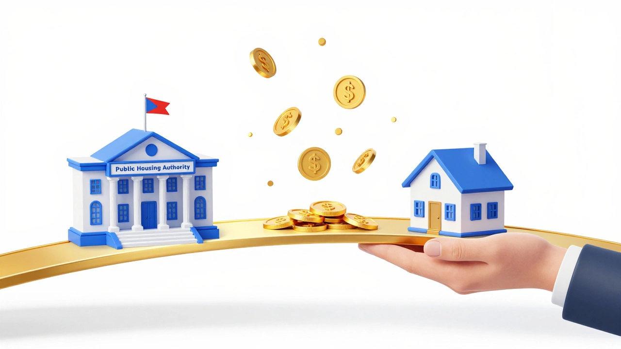 Conceptual illustration showing rent payments flowing from government and tenant to landlord