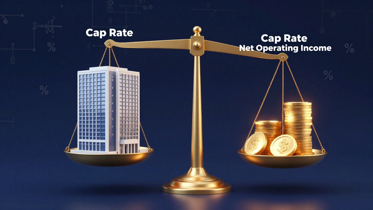 Conceptual image of a commercial building and golden coins on a scale symbolizing Cap Rate valuation.