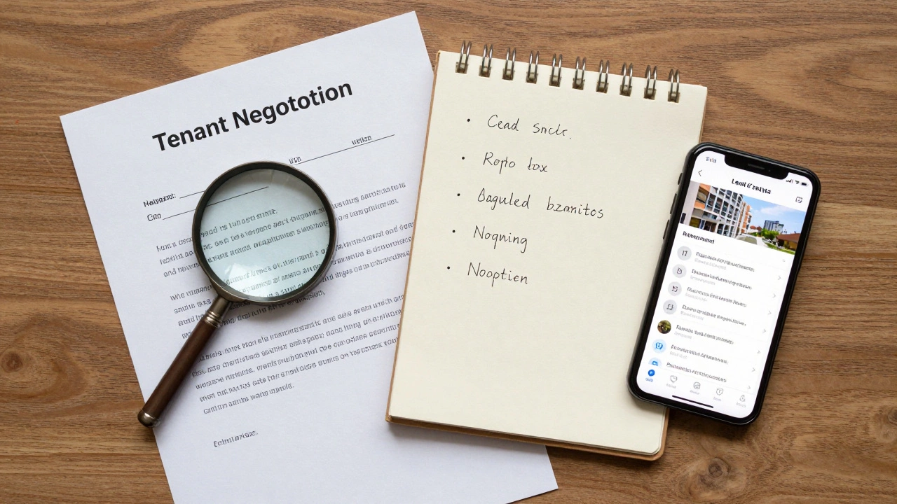 Flat-lay of a lease agreement and research notes for rent negotiation