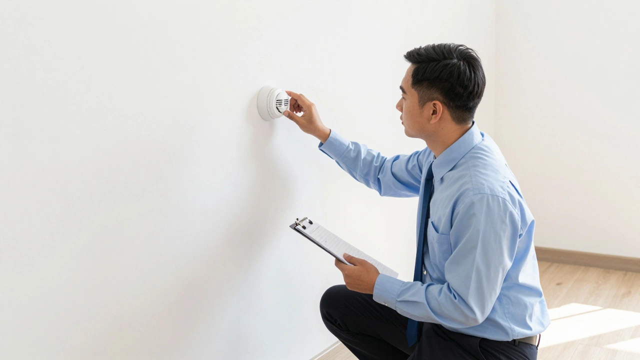 Inspector checking a smoke detector during a housing quality standards inspection