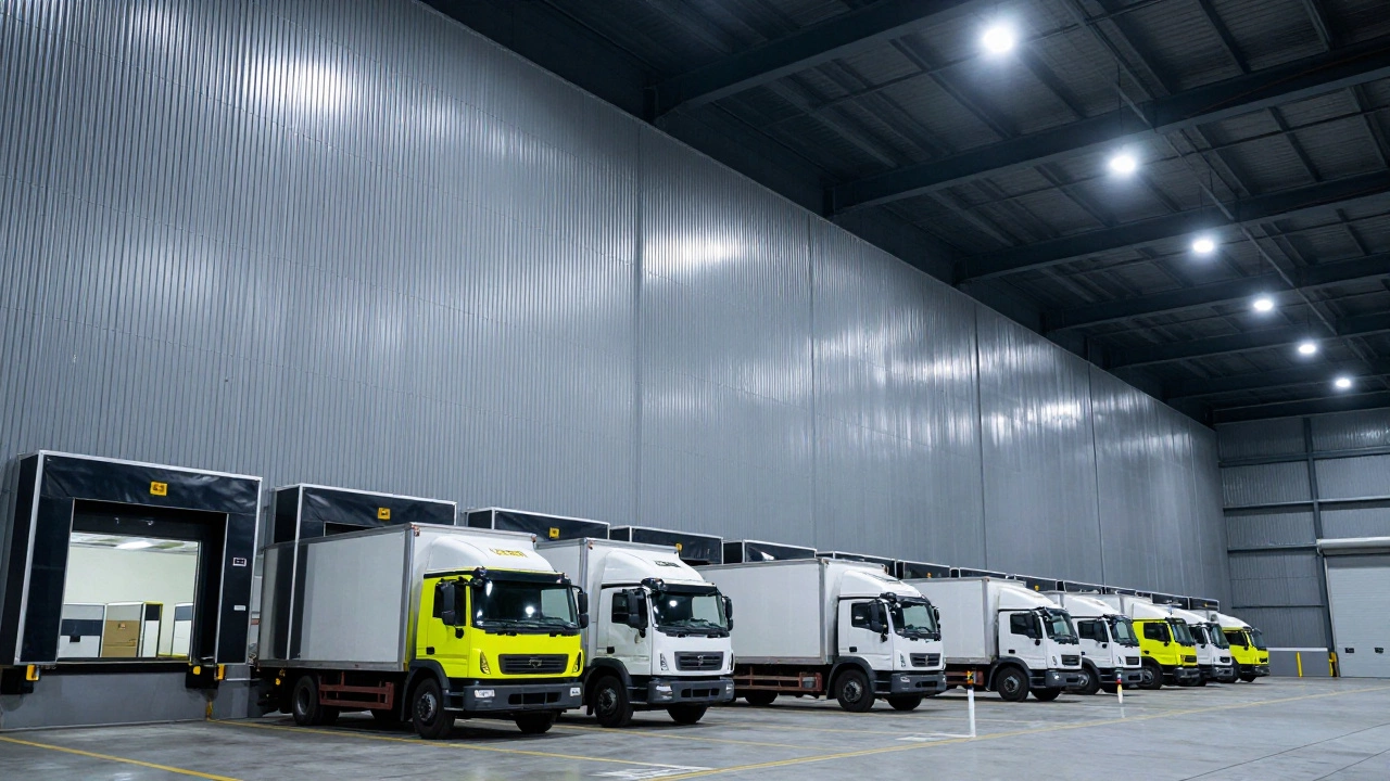 Large industrial logistics warehouse with delivery trucks at loading docks