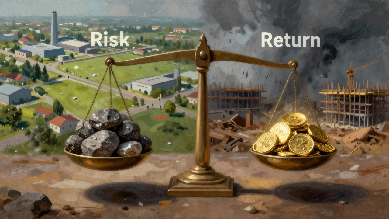 Balance scale weighing risk against reward in real estate investment