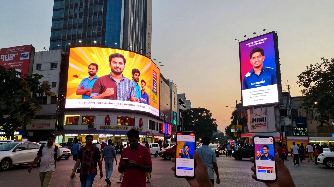 City street scene showing billboards and people viewing mobile ads at dusk