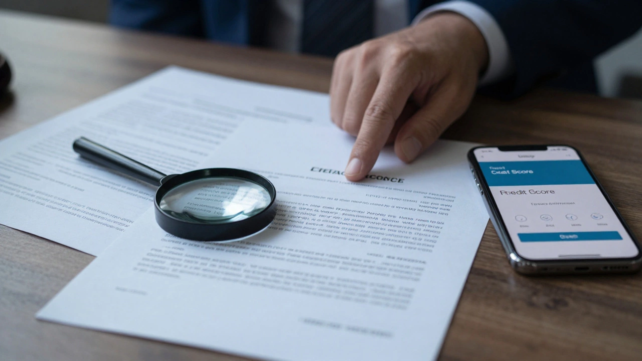 Close-up of legal documents and magnifying glass on desk