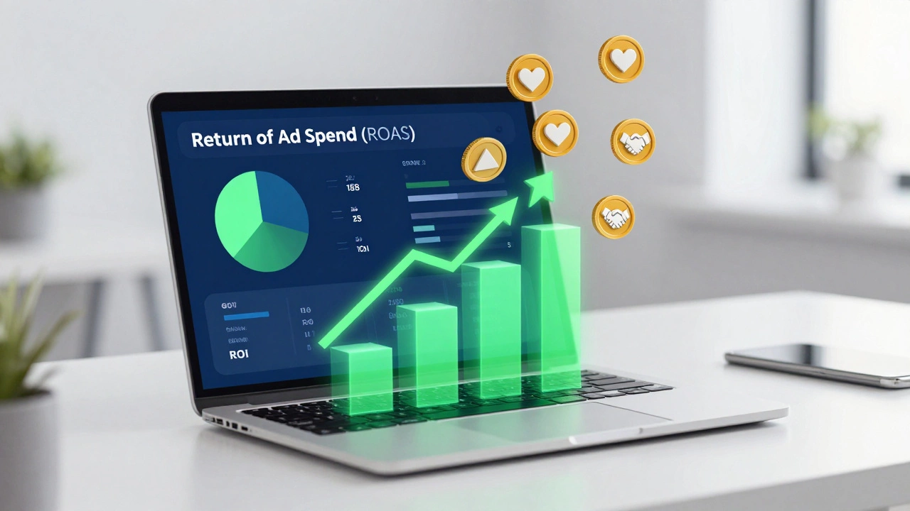 Conceptual art of rising revenue graphs and golden coins representing ad ROI