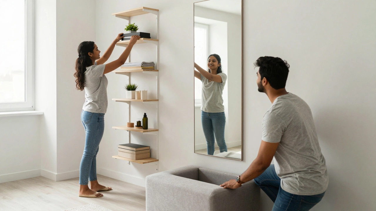 Couple organizing smart storage in a minimalist small apartment