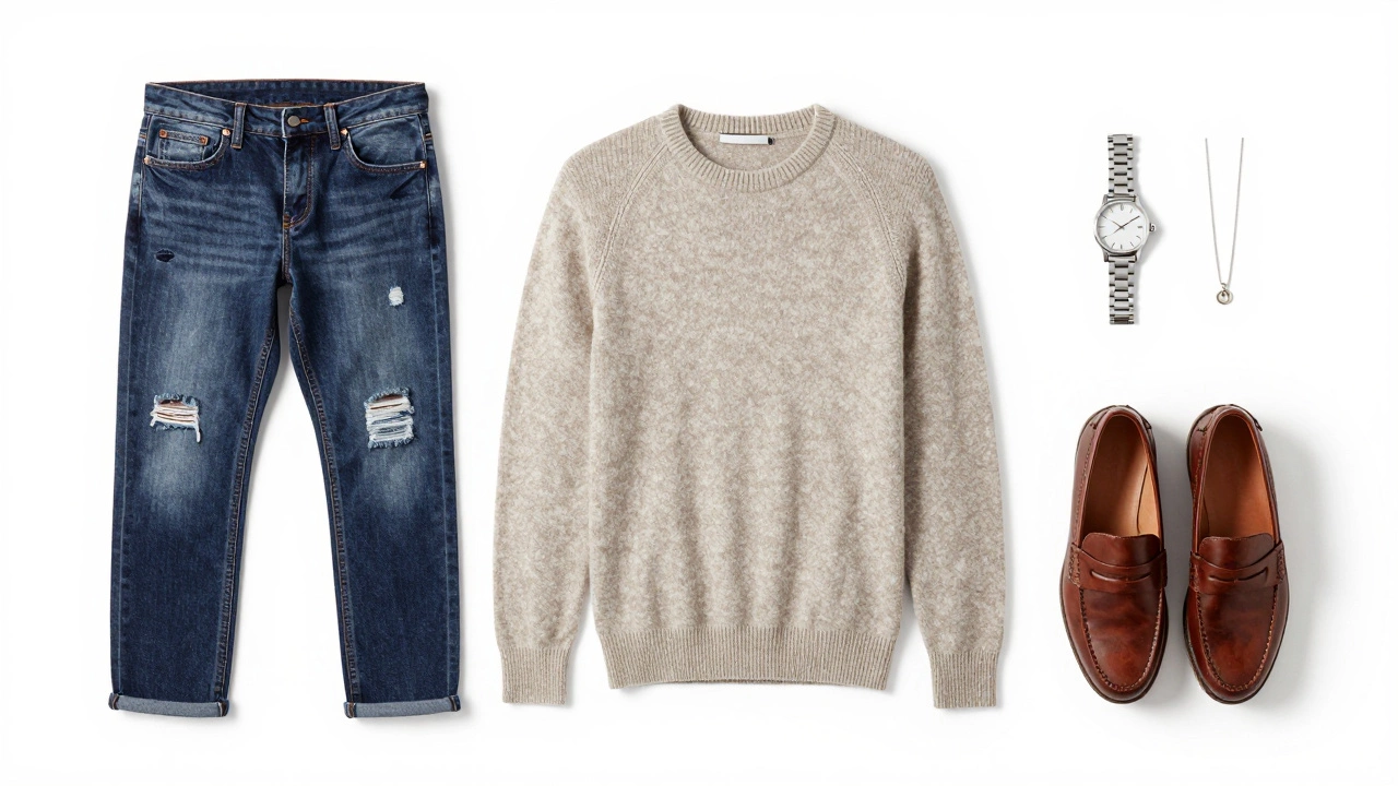 Flat lay of professional clothing items including jeans, sweater, and shoes