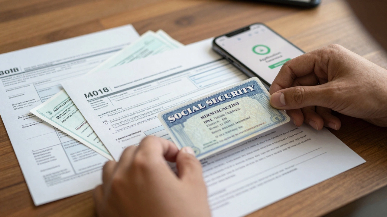 Hands organizing ID and income documents for housing application