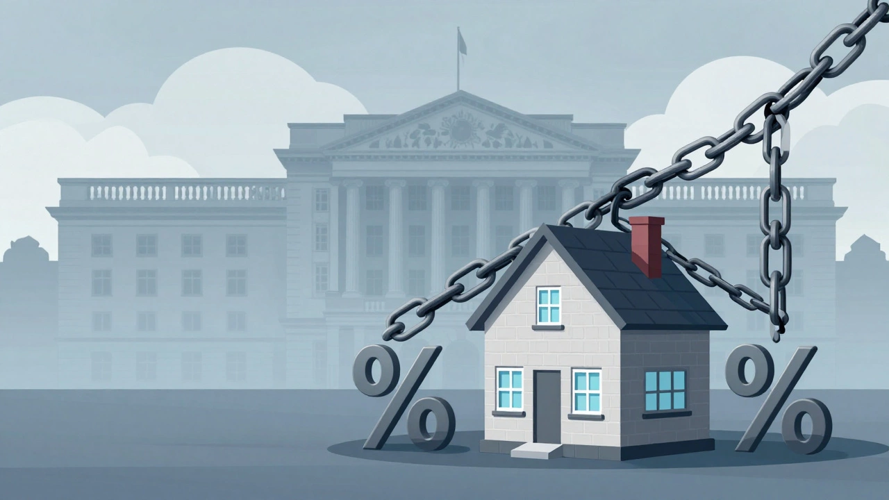 Illustration of house weighed down by interest rate chains under cloudy sky