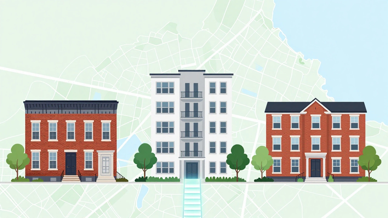 Illustration of three housing types connected by an income scale