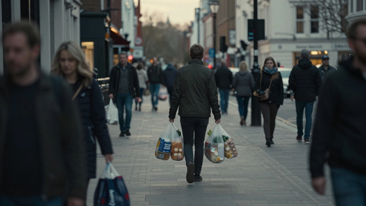 Lonely shopper carrying essentials in crowded city street