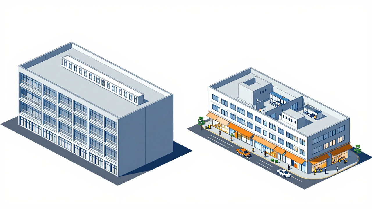 Split view of self-storage and mixed-use retail buildings