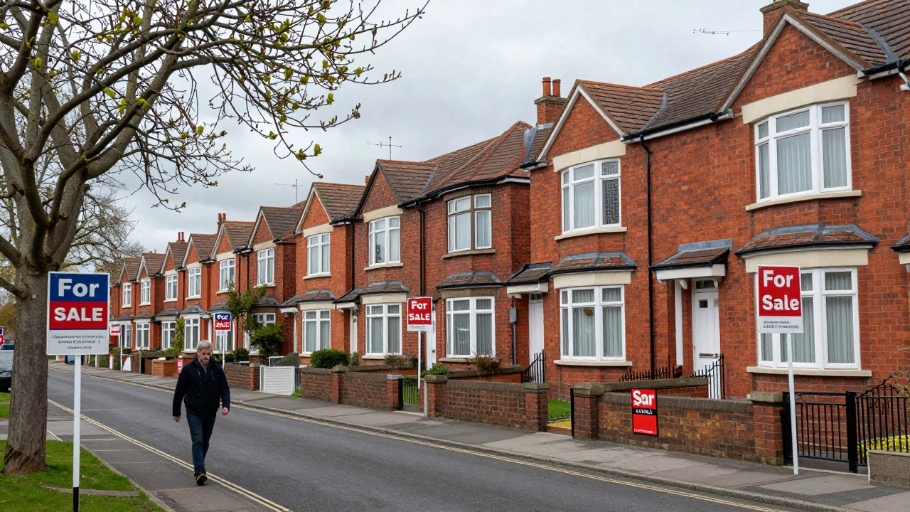 UK street with multiple for sale signs showing housing market oversupply