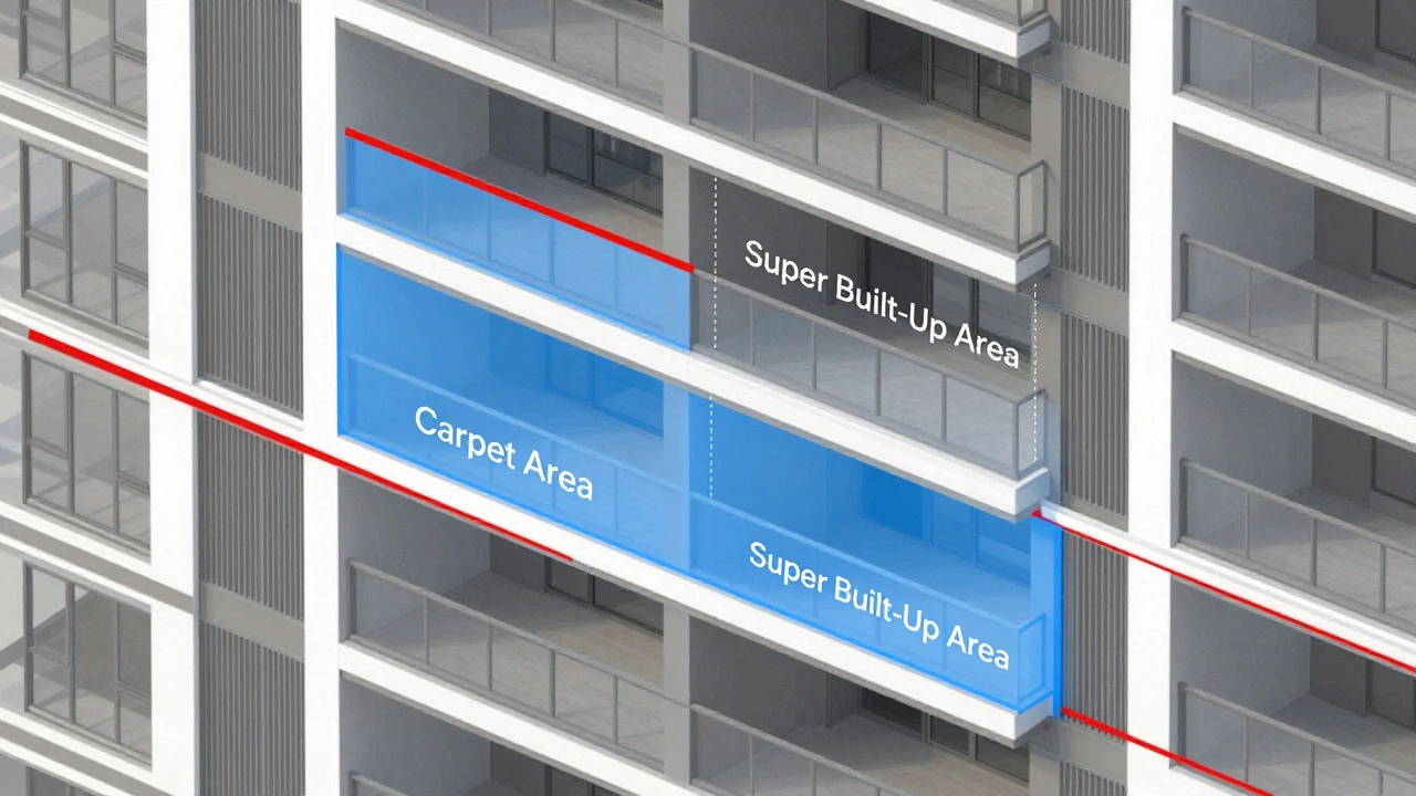 Architectural diagram illustrating carpet area vs super built-up area in apartments