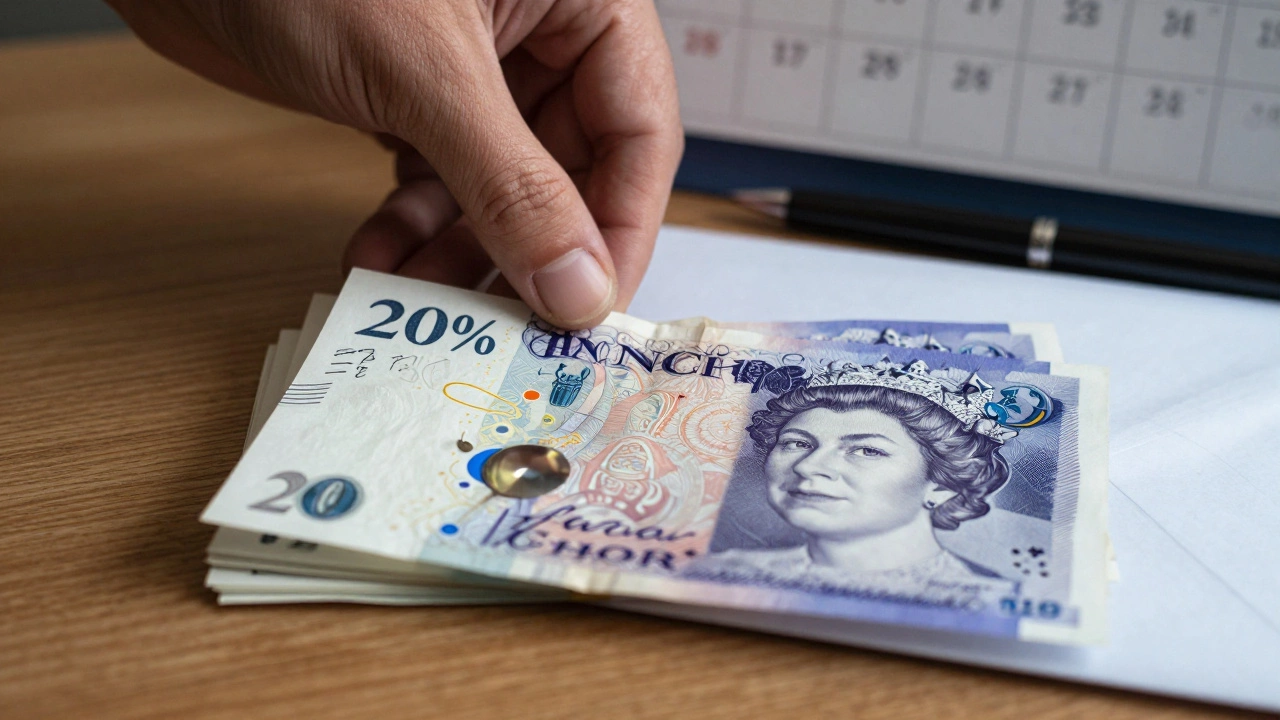British pounds being separated to illustrate the 20% tax withholding for non-resident landlords.