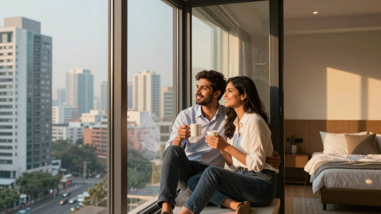 Couple relaxing in a cozy compact apartment with city view