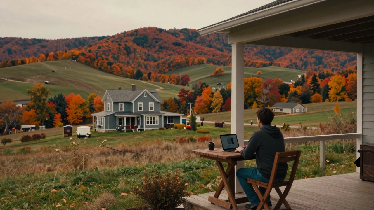 Remote worker enjoying a scenic rural farmhouse setting