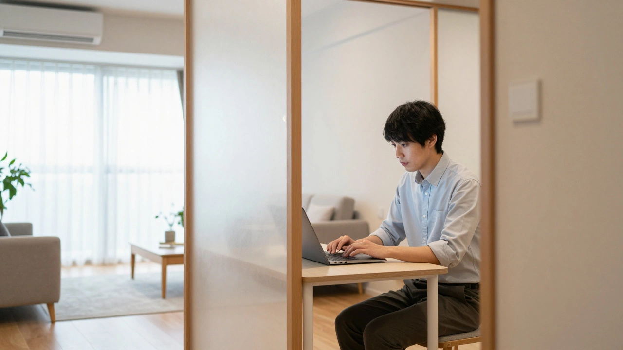 Remote worker using the flexible S-space study nook in a Japanese apartment.
