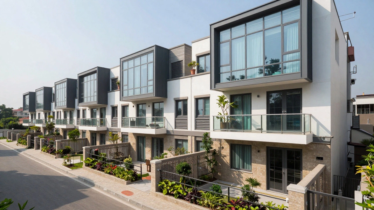 Row of attached modern townhouses with shared walls