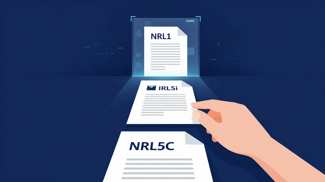 Stylized tax forms being submitted digitally to represent HMRC registration process.