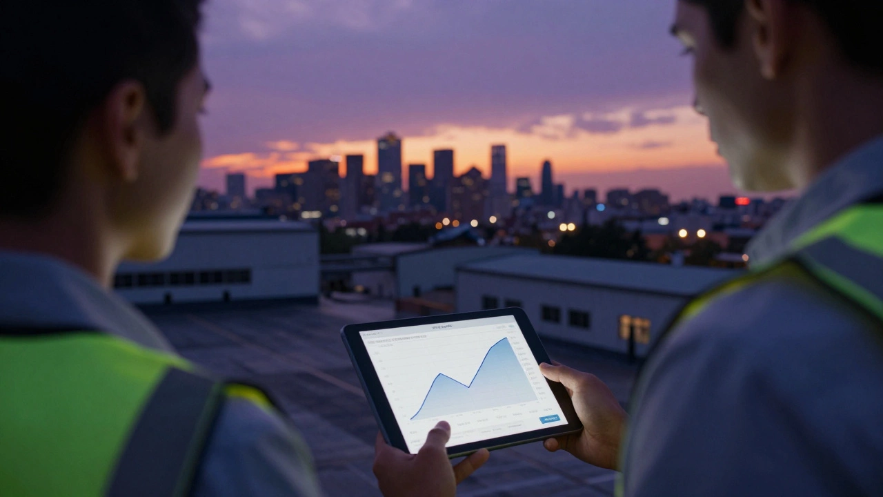 Surveyor and investor analyzing property data on a rooftop at sunset