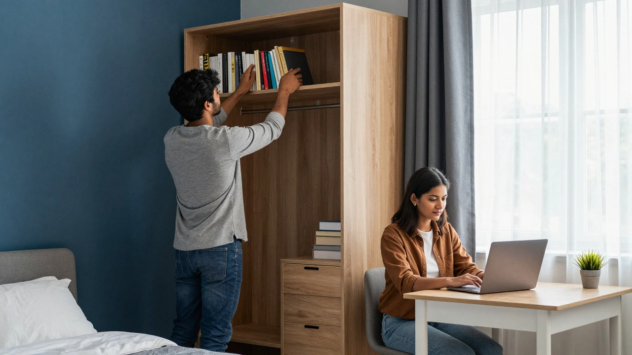Young couple setting up a home office in a compact, well-organized 2BHK bedroom