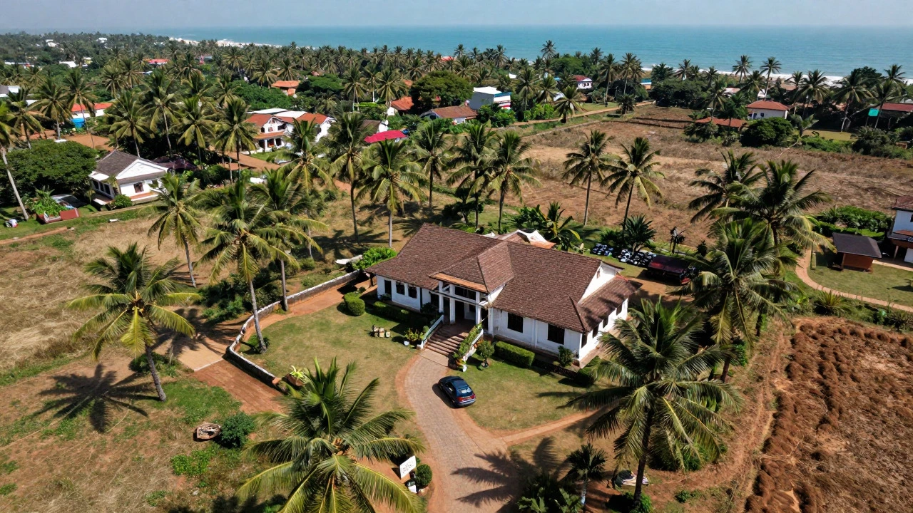Aerial view of isolated rural villa estate in coastal India
