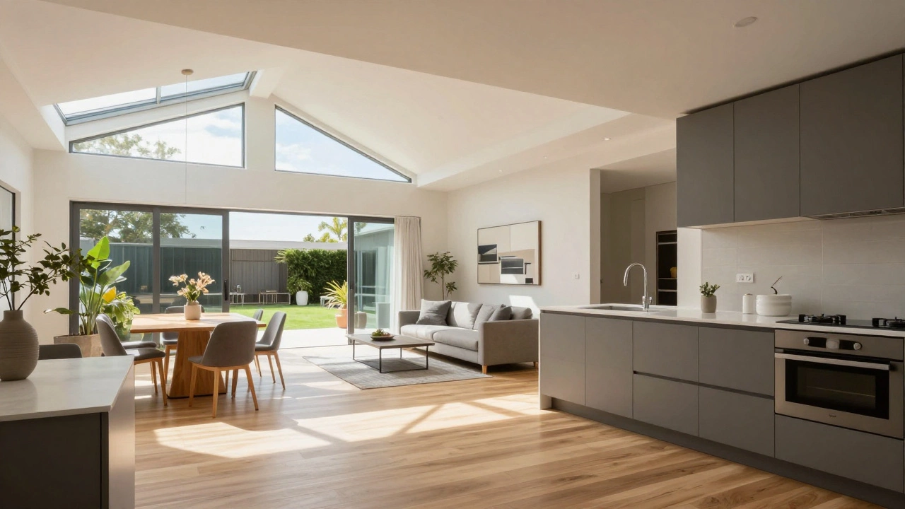 Bright open-plan interior of a modern rambler with skylights and sliding doors