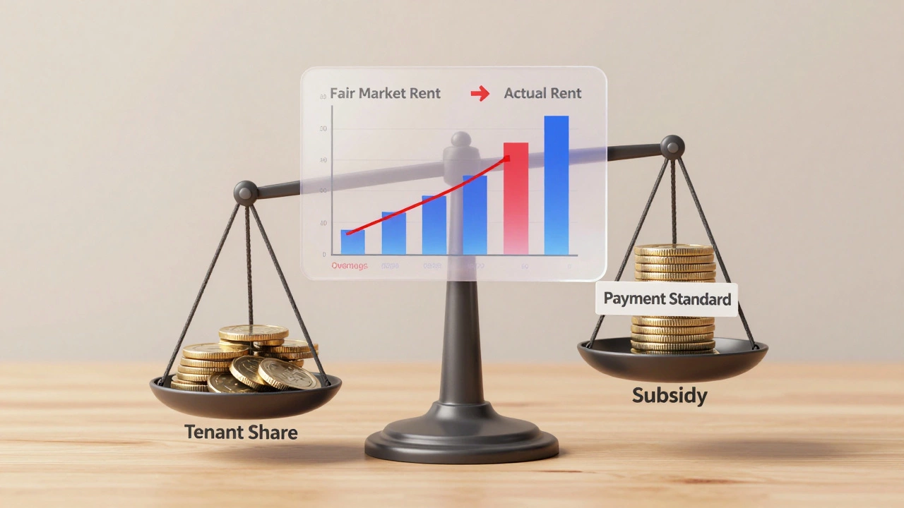 Conceptual 3D art of a balance scale illustrating tenant rent share versus government subsidy.