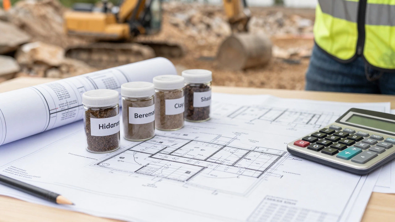 Construction blueprints and soil samples on a contractor desk