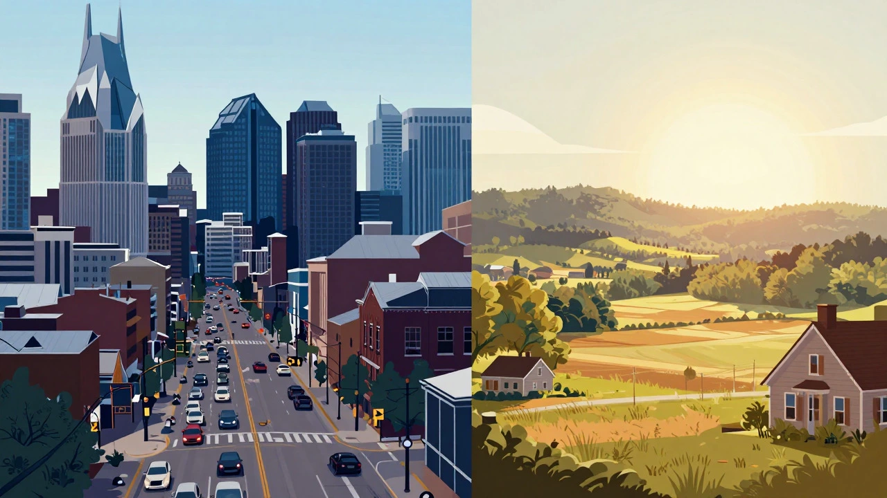 Contrast between urban Nashville and rural Tennessee building sites