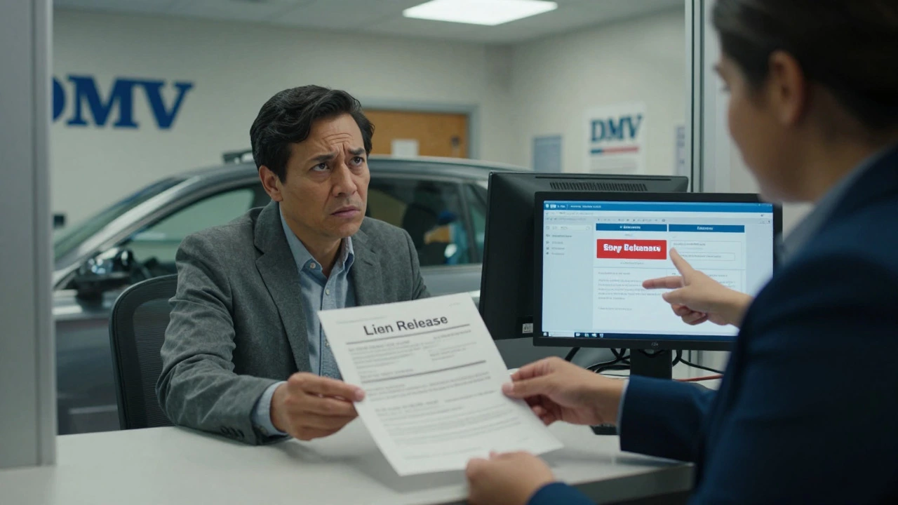 Driver presenting lien release certificate at DMV counter